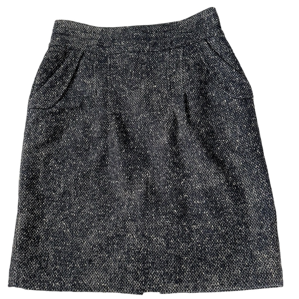 CABI Skirt Tweed Wool Blend Pockets Zip, 2 Buttons Rear Kick Pleat Black Medium